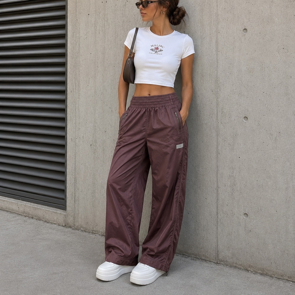 Adidas Stella McCartney Track Pants Womens L Plum Wide Leg Gorpcore Y2K Style